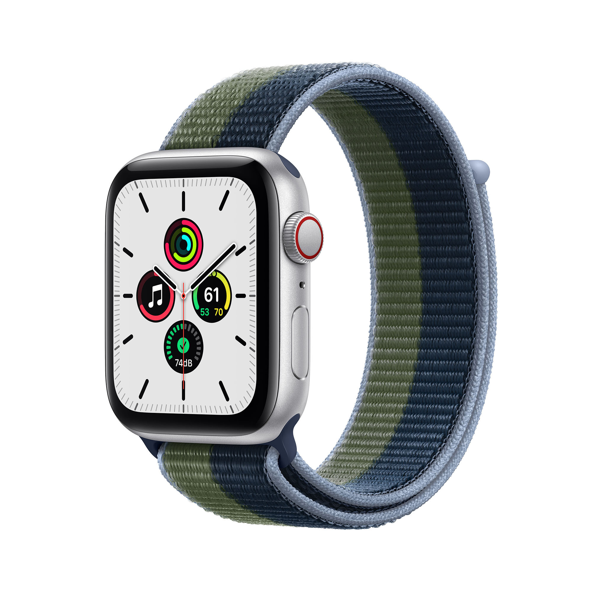 Apple Watch SE met 4G (44mm) - zilver - met een abyss-blauw/mosgroen geweven sportbandje (2021)
